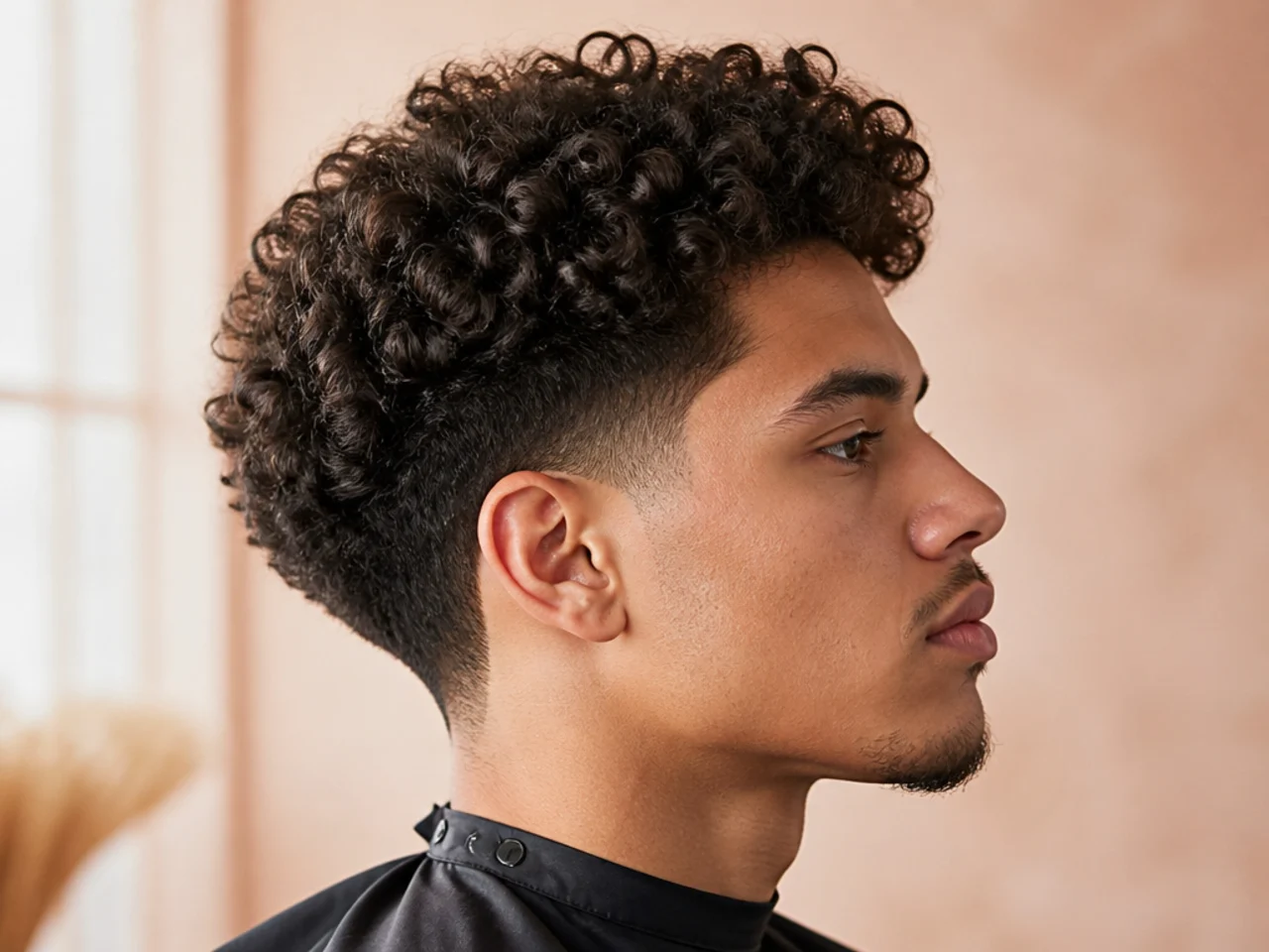 Curly mid taper blowout with defined 3a to 3c curls preserved on top