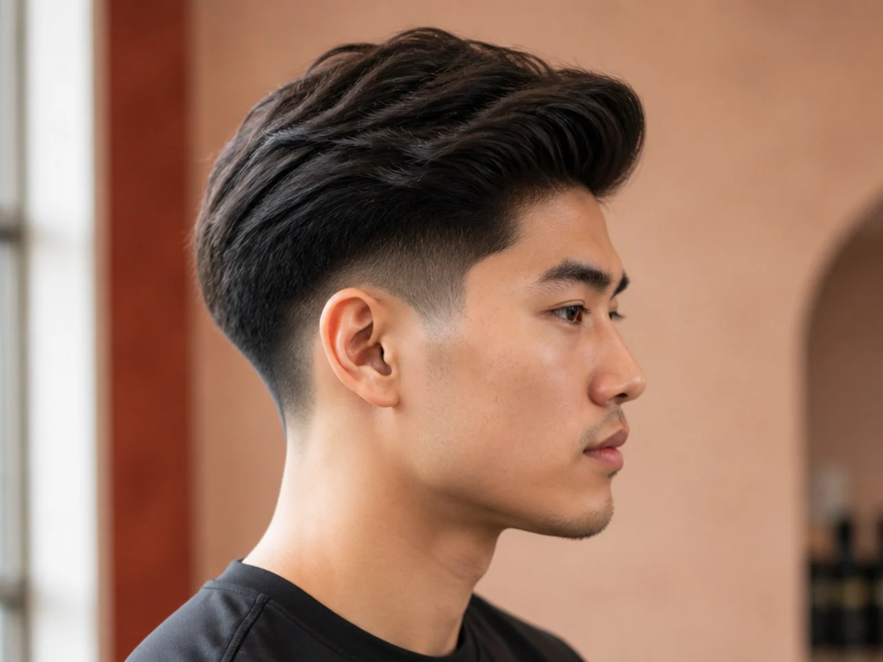 Straight-hair mid taper blowout with engineered volume and matte finish