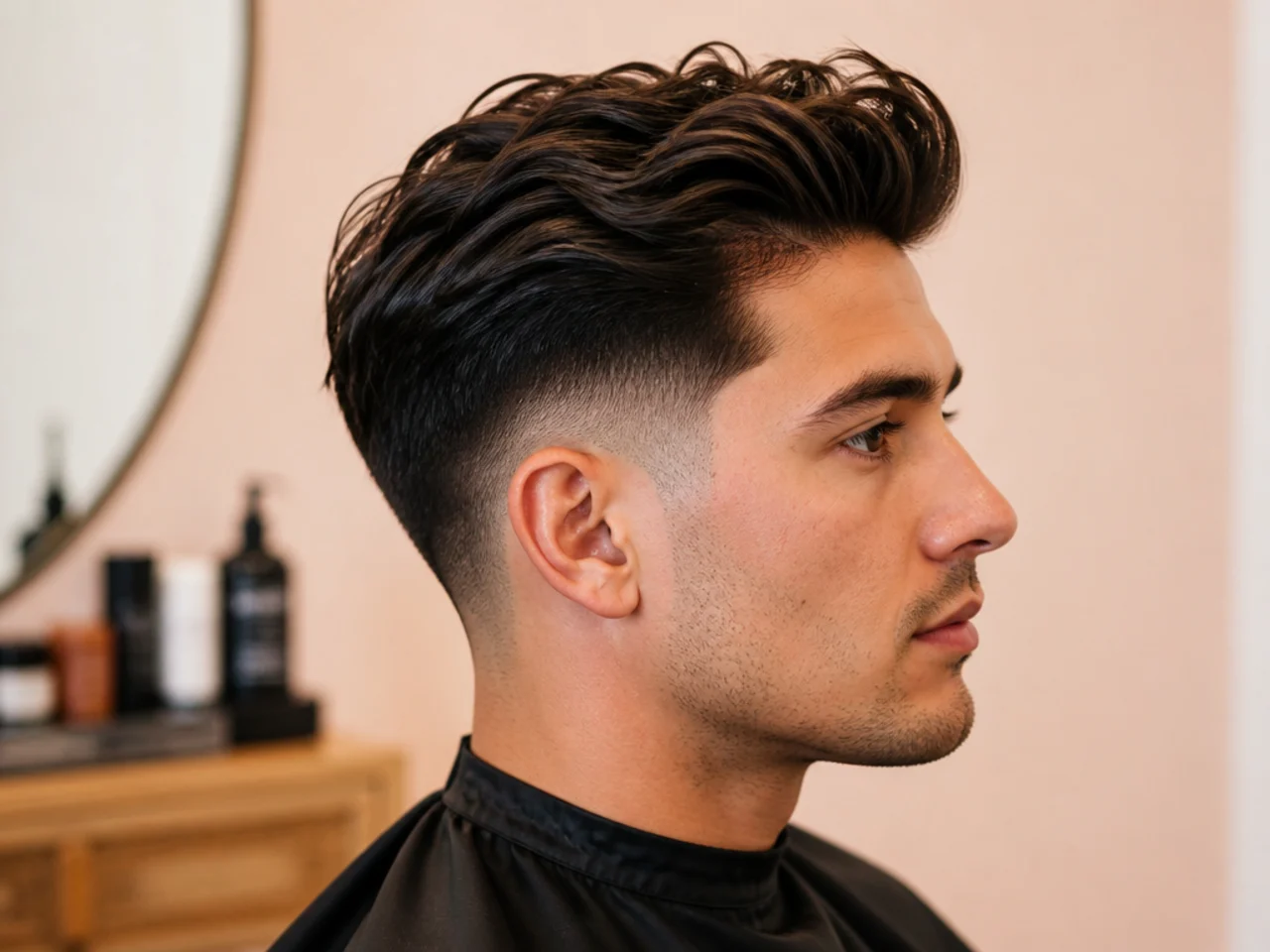 Blow-drying a mid taper blowout with a round brush lifting from the roots