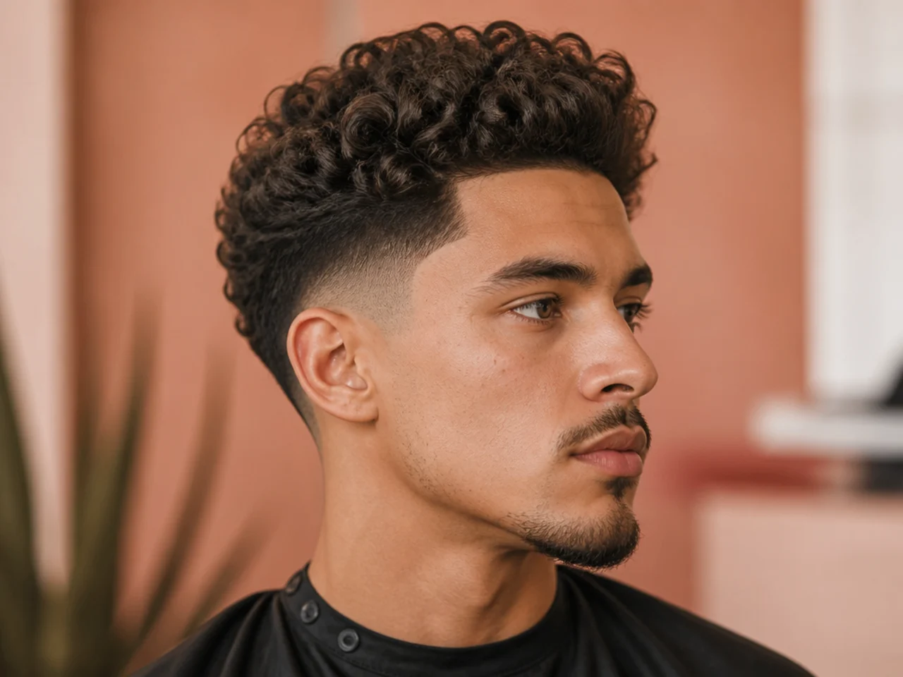 Barber pointing at a haircut reference photo with a client in the chair