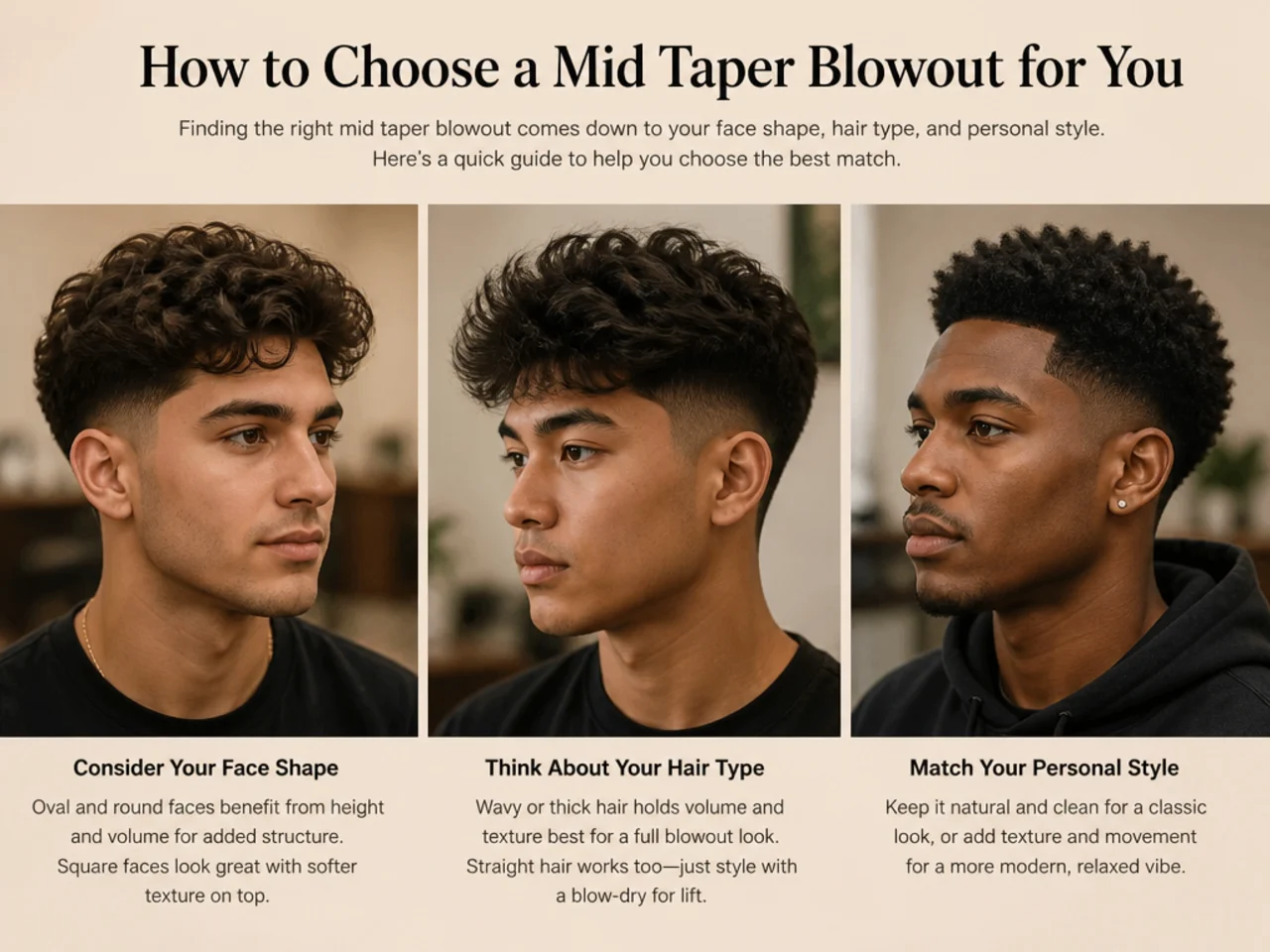 Barber consulting a client on top length for a mid taper blowout haircut
