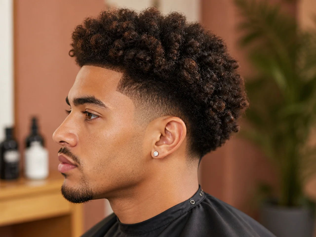 Side profile of a blowout mid taper on wavy hair showing volume up top and clean taper at the temple