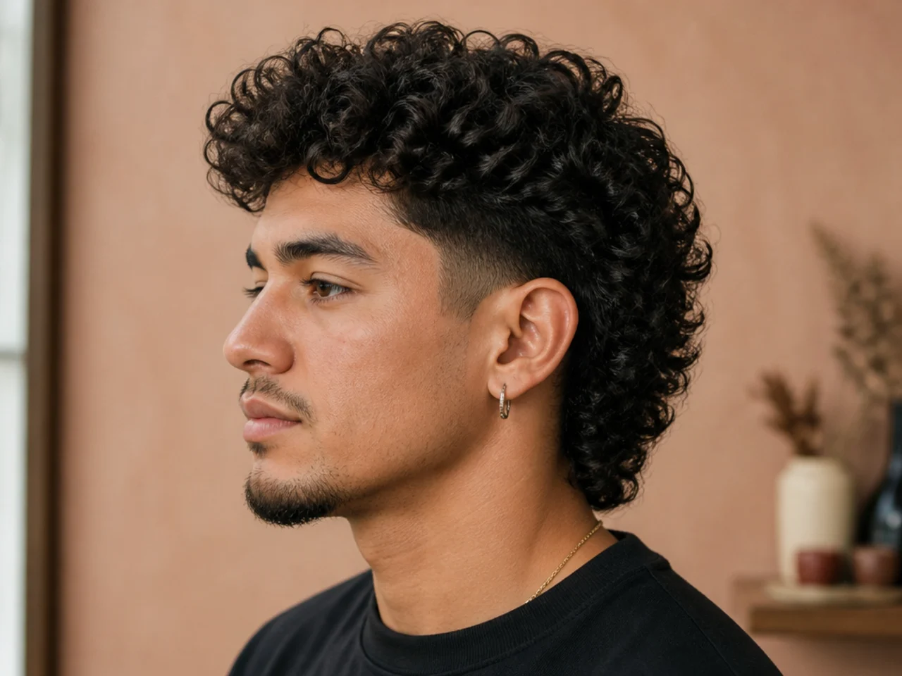 Curly mullet blowout taper with 3B length at the nape and full crown volume