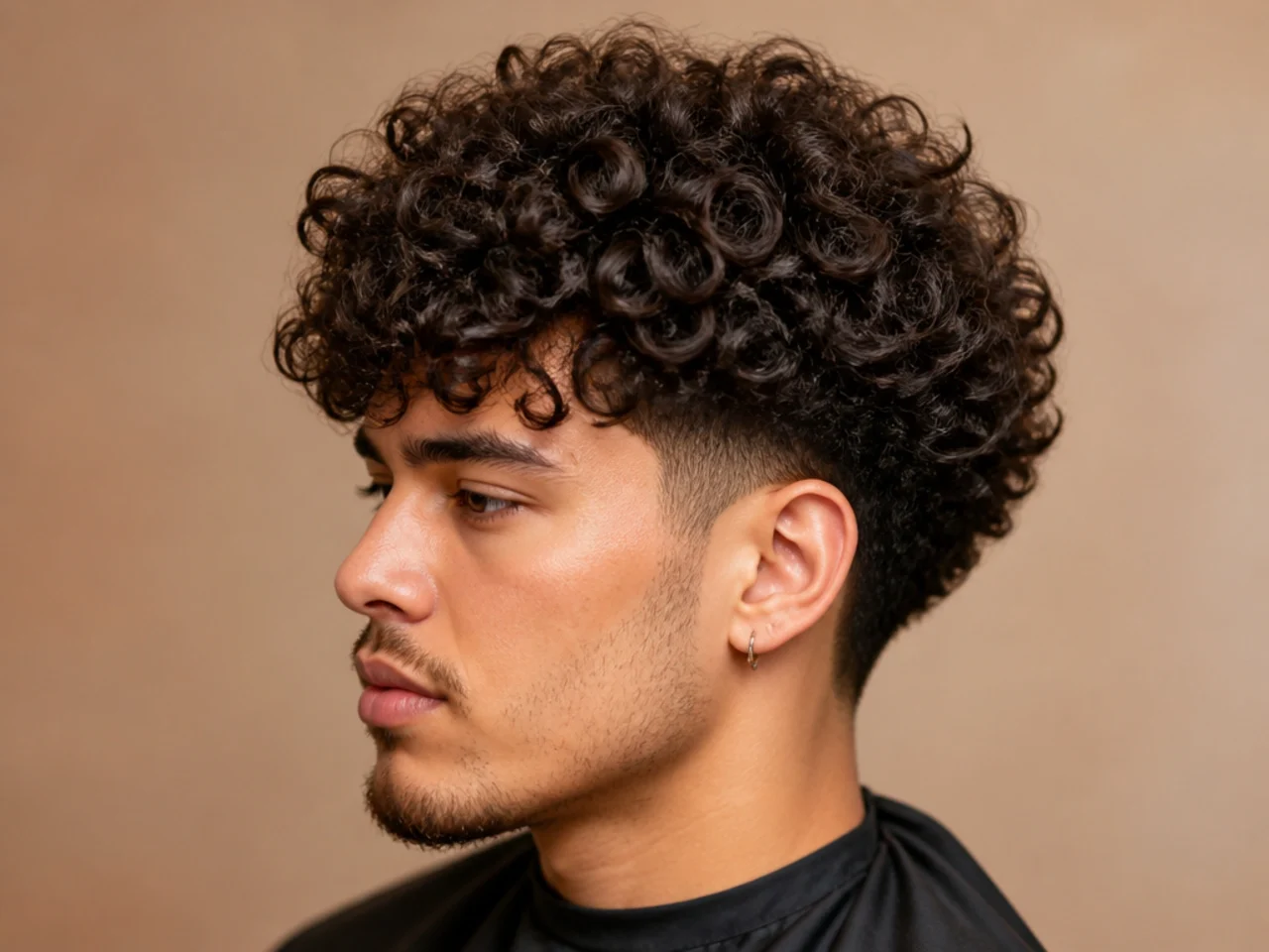 Blowout taper with permed curly texture on a young Asian man with 3A pattern