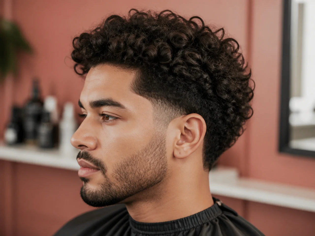 Blowout temple taper concentrated at the temple with fuller 3B curls at the nape