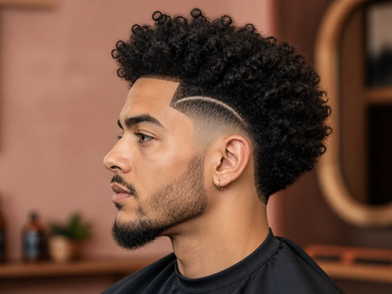 Blowout taper with a sharp razored line-up at the forehead framing 3C curly top
