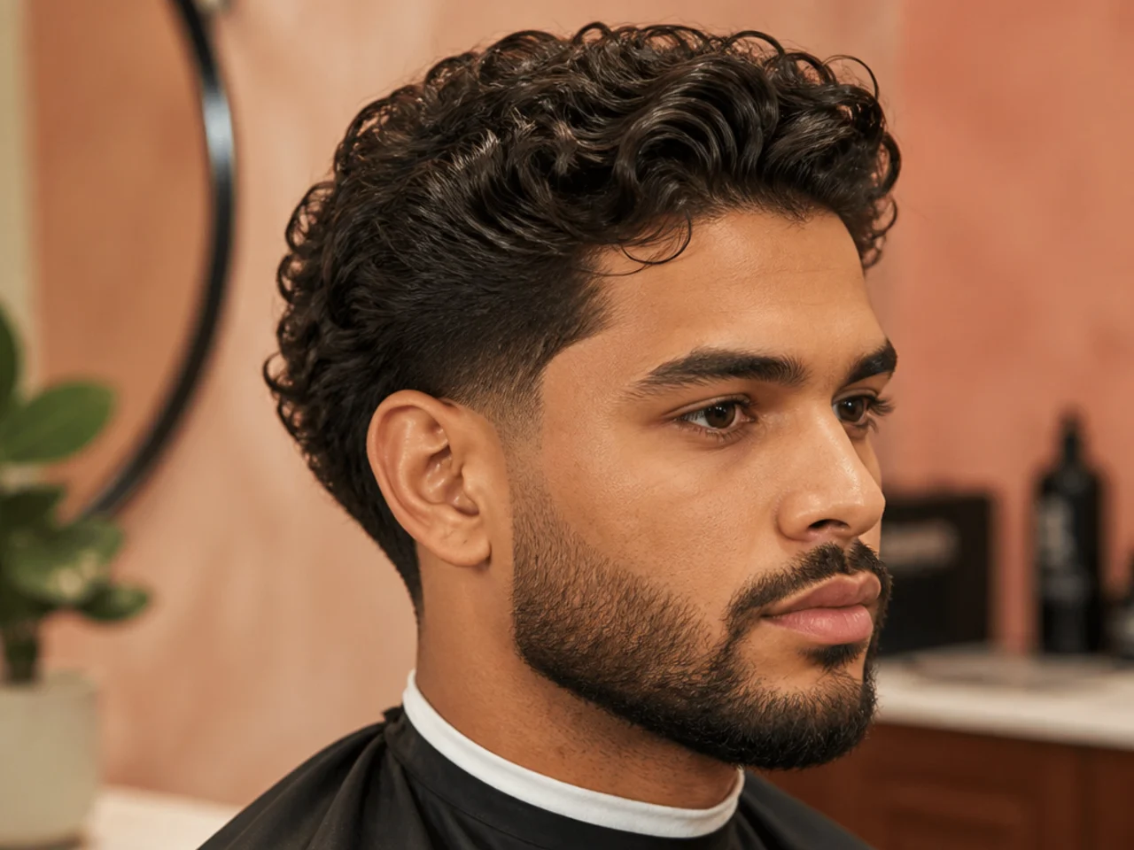 Blowout taper curly comb-over with 3A curls swept over a razored hard part