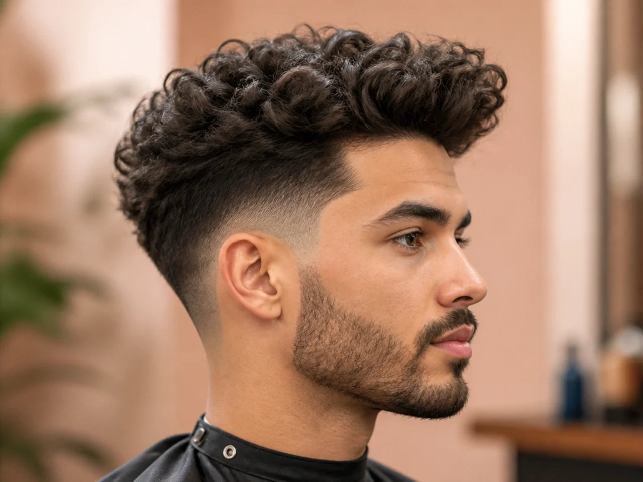 Curly quiff blowout taper with 3B curls lifted up and forward at the front