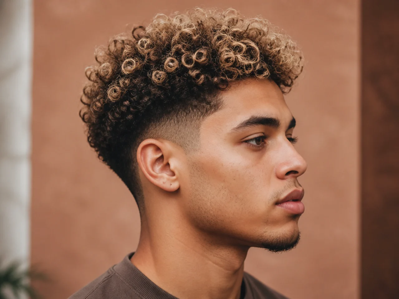 Bleached curly tips blowout taper with lightened piece-y tips on 3A curls