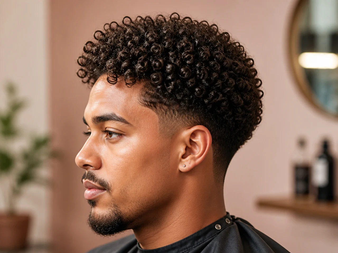 Low blowout taper on 3B corkscrew curls with soft transition above the ear