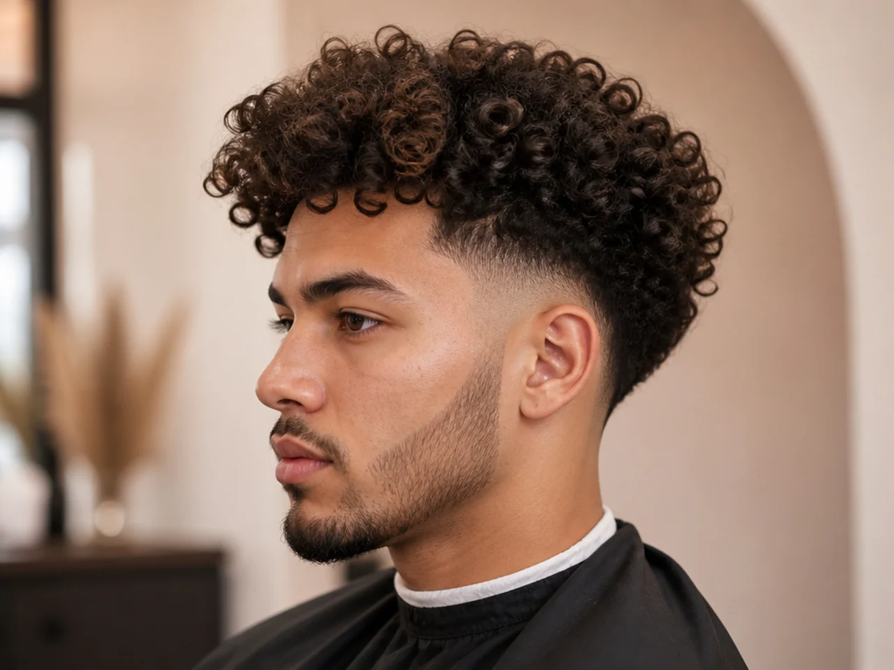 Blowout taper with a disconnected curly top on 3B hair brushed back with hard visual break