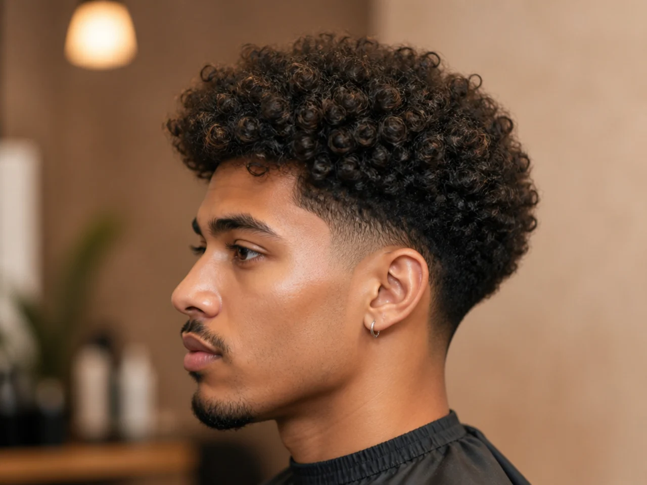 Curly broccoli blowout taper with dense round 3B pouf and clean tapered sides