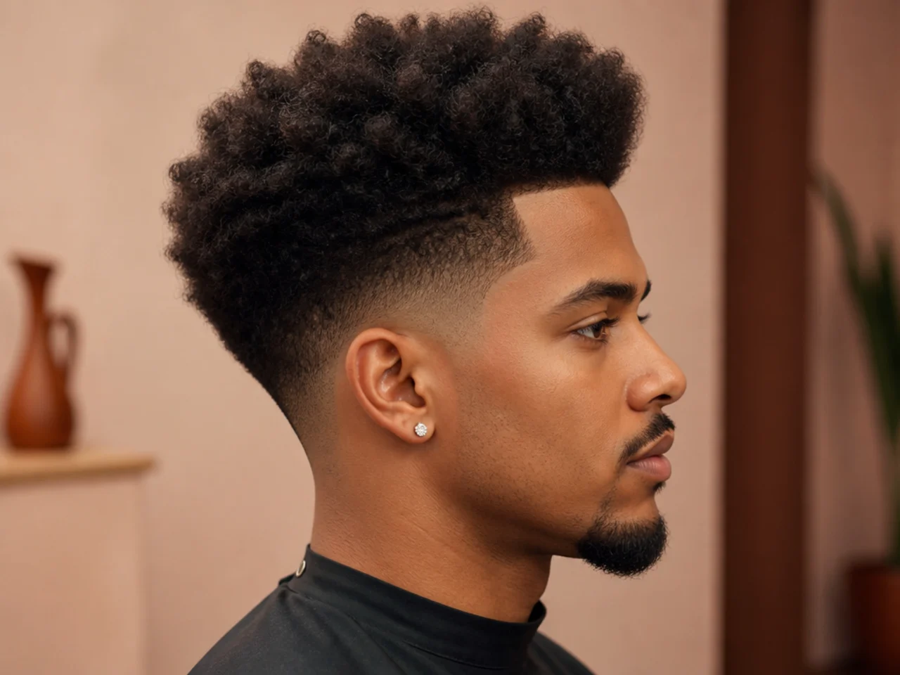 Blowout afro taper fade with rounded 4A coily top volume and clean side taper