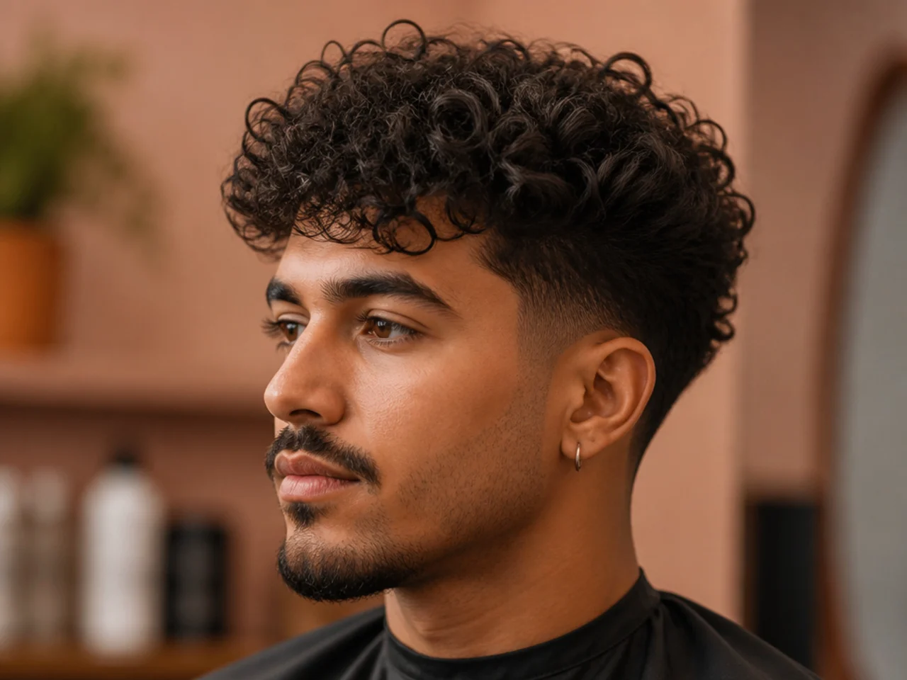Blowout taper with a curly textured fringe on 3A hair falling to the brows
