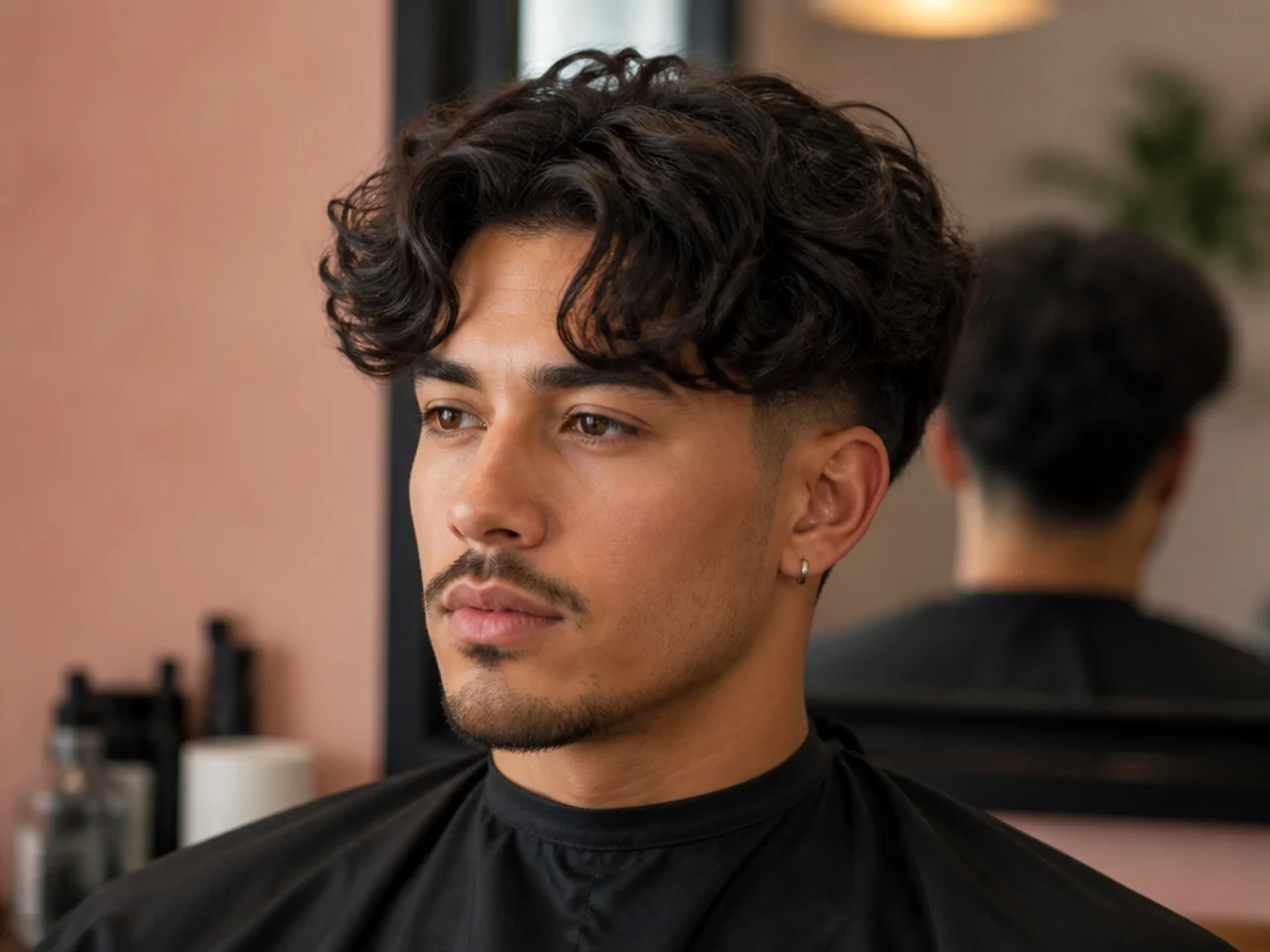 Blowout taper with curly middle part flowing to both sides on 3A hair