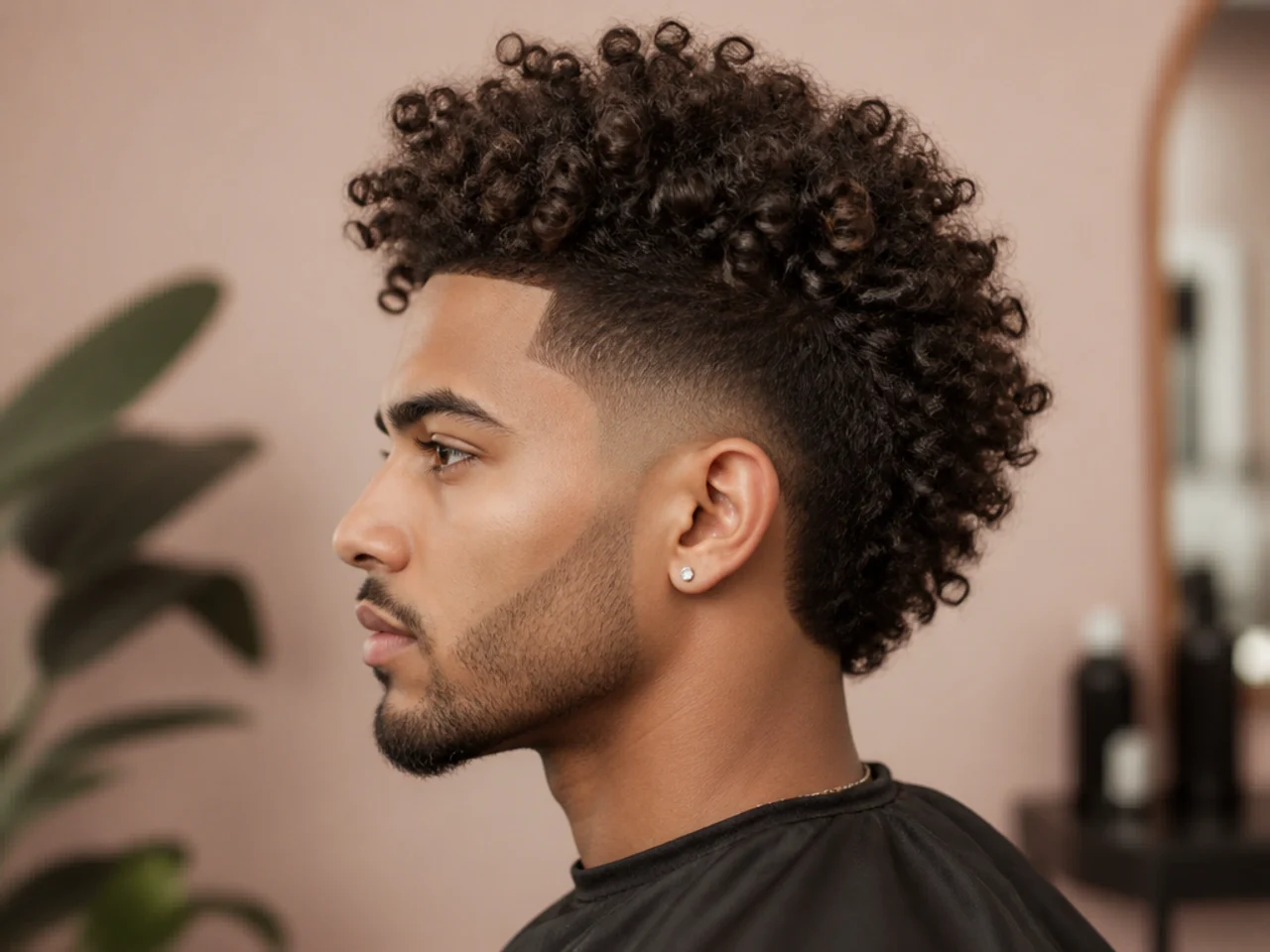 Blowout taper curly faux hawk with a 3B strip of volume from crown to forehead