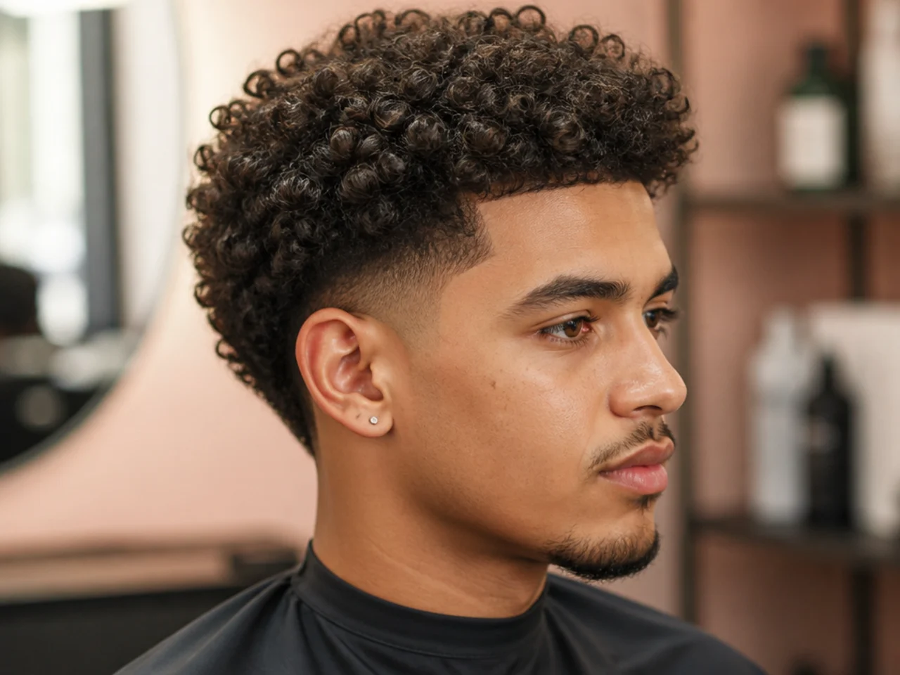 Curly-haired client showing a phone reference photo to a barber before a blowout taper cut