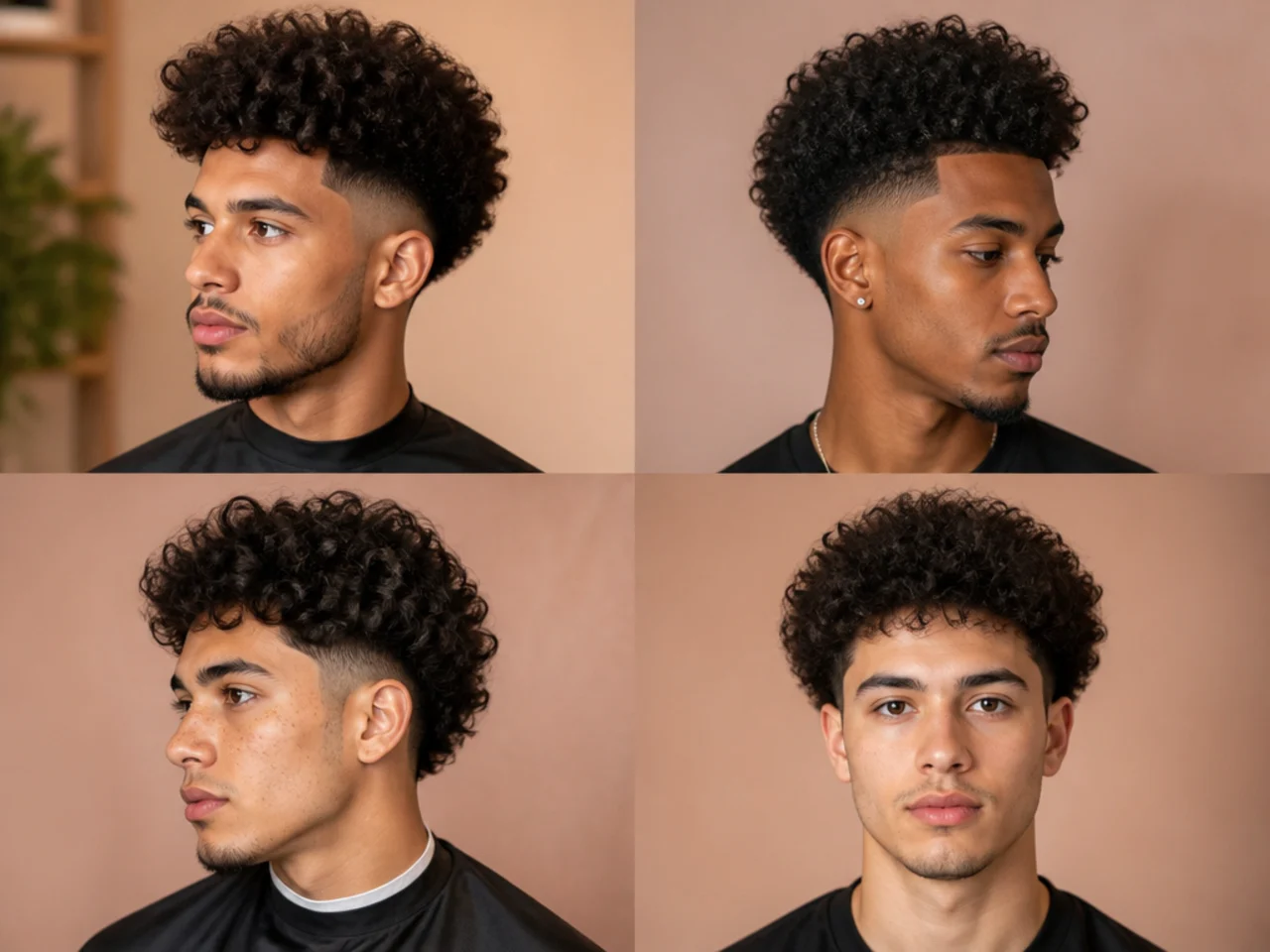 Three curly-haired men showing different blowout taper top lengths on 3A, 3B, and 3C hair