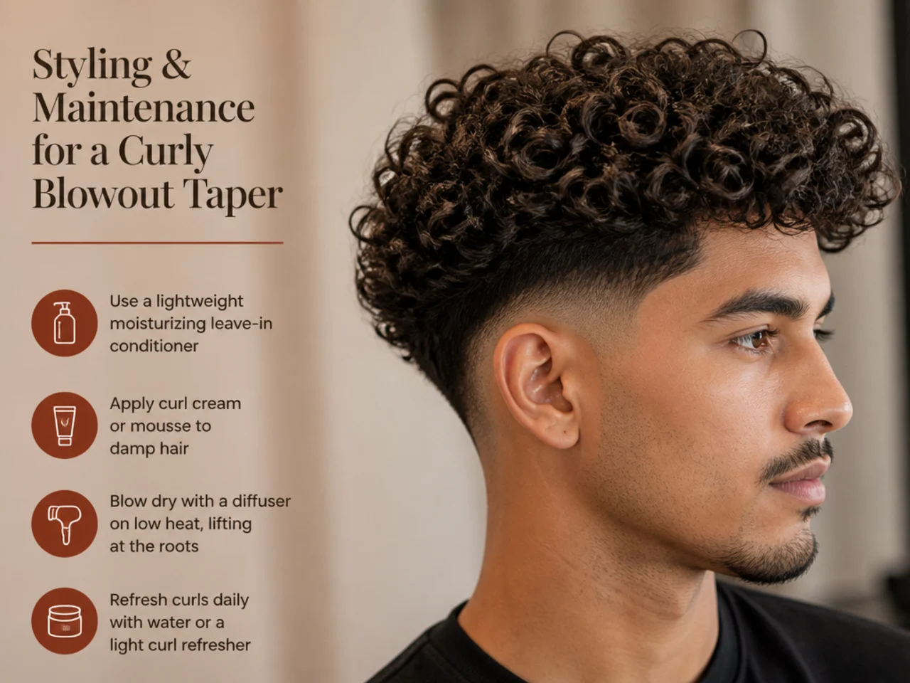 Curly hair styling essentials for a blowout taper — leave-in, curl cream, diffuser, wide-tooth pick