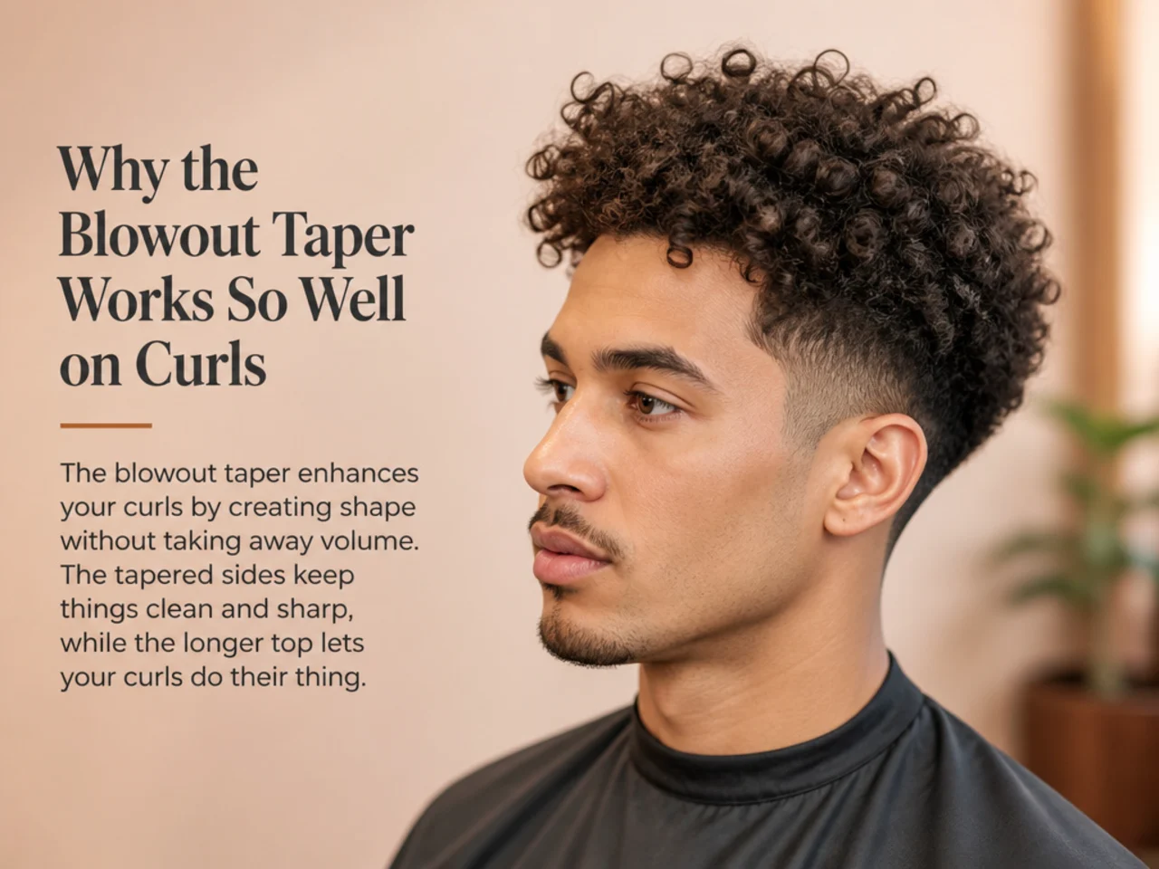 Fresh blowout taper on 3B curly hair with soft blended sides and full domed top volume