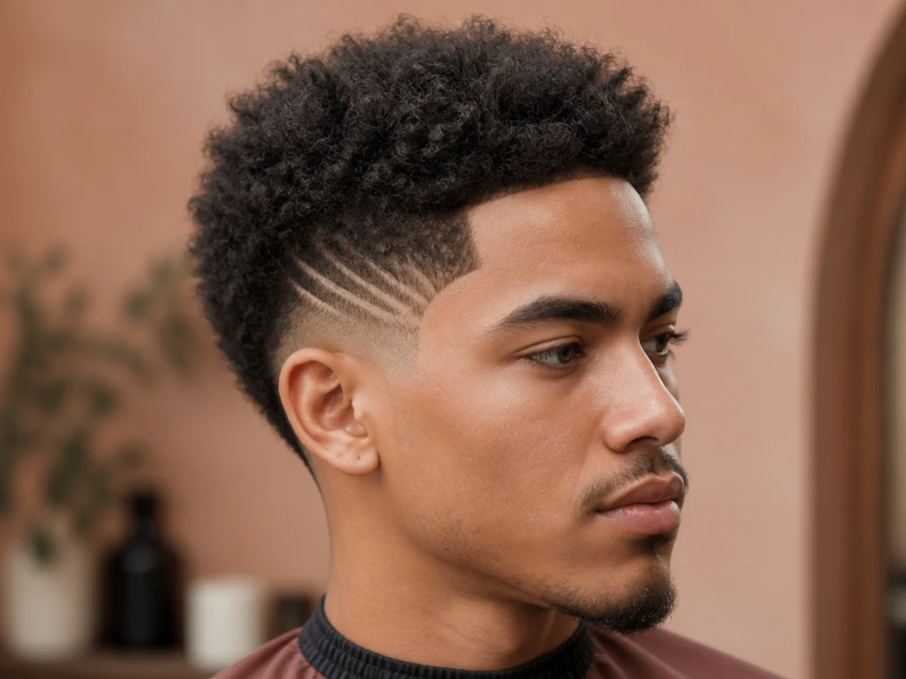 Three stacked chevron shapes shaved above the sideburn on a blowout taper on a young man with thick wavy hair