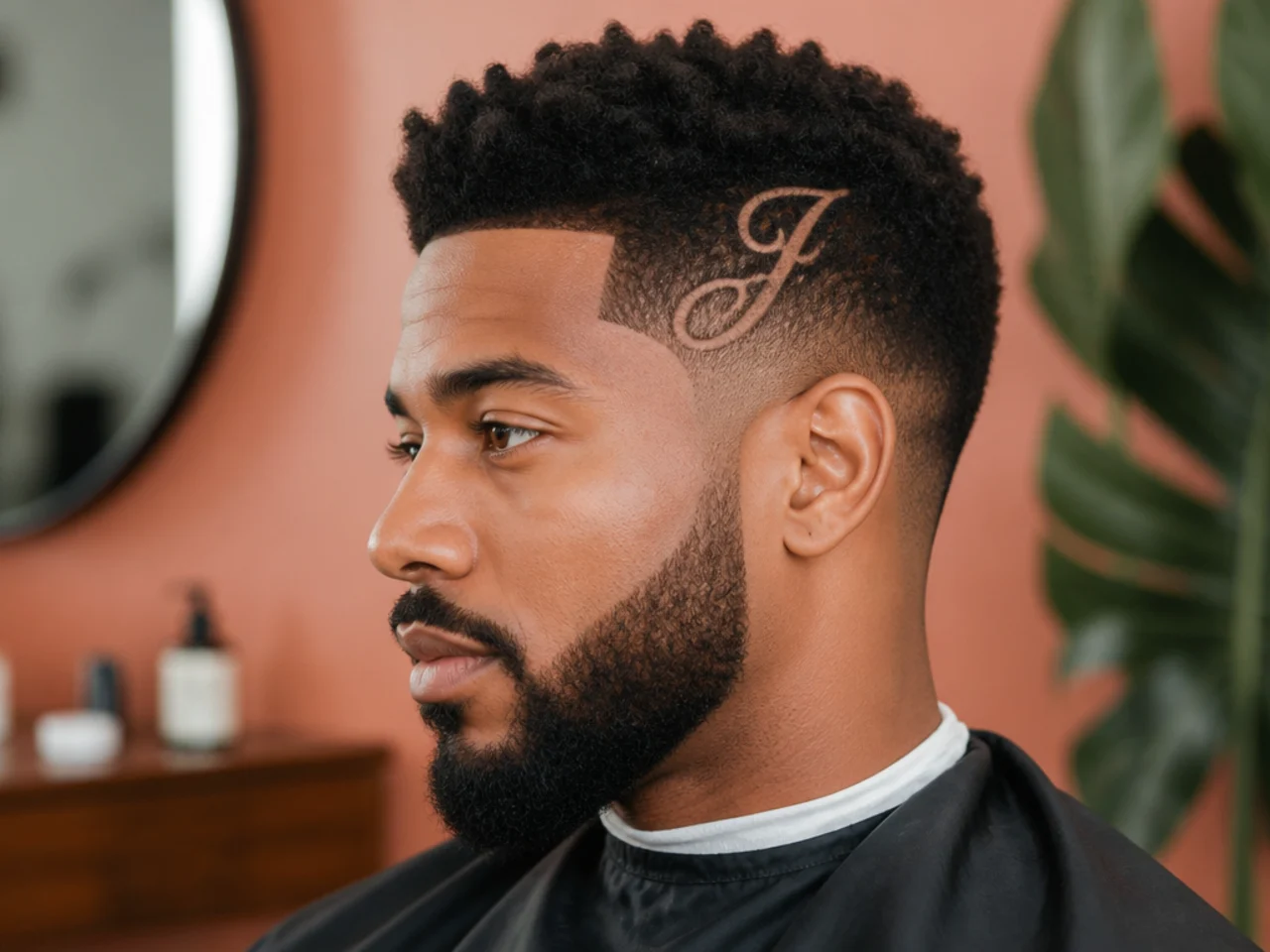 Block script letter N shaved at the temple on a blowout taper on a young father with 3c curly hair