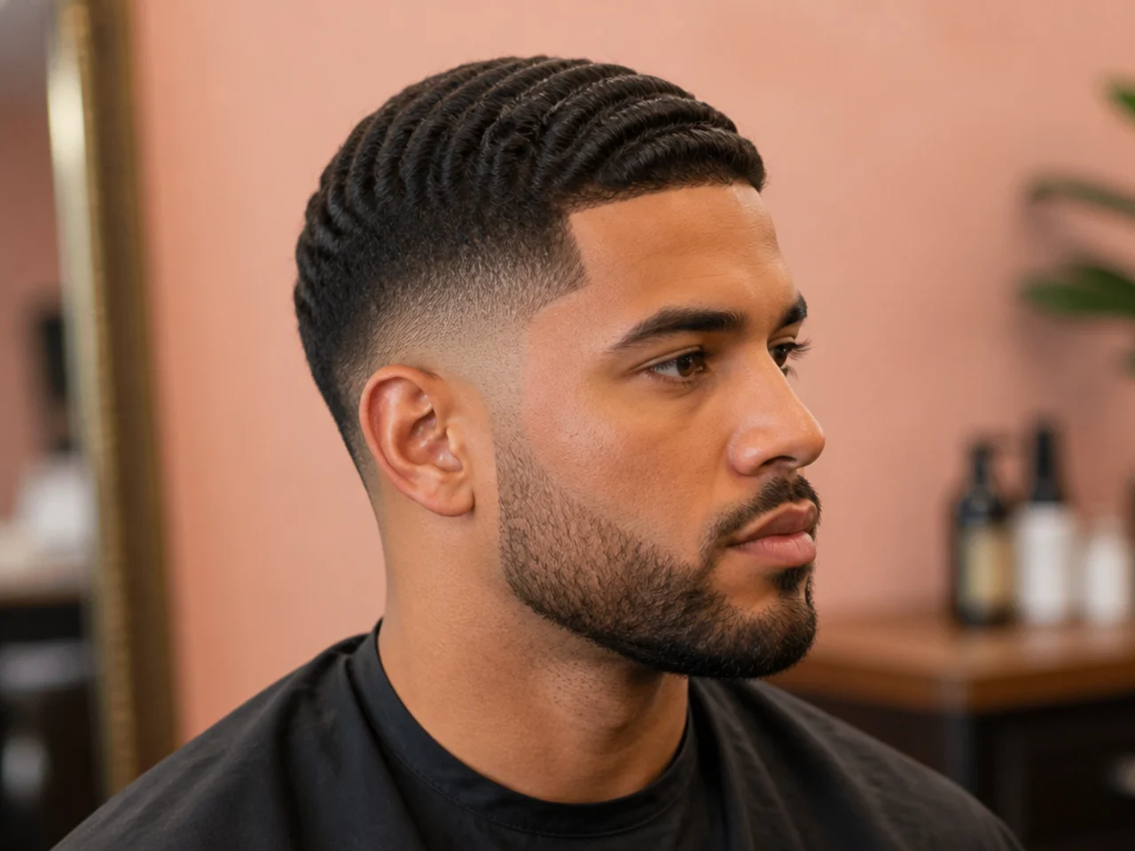 Four parallel wave lines shaved horizontally through the taper on a blowout taper on a Black DJ with 360 waves on top