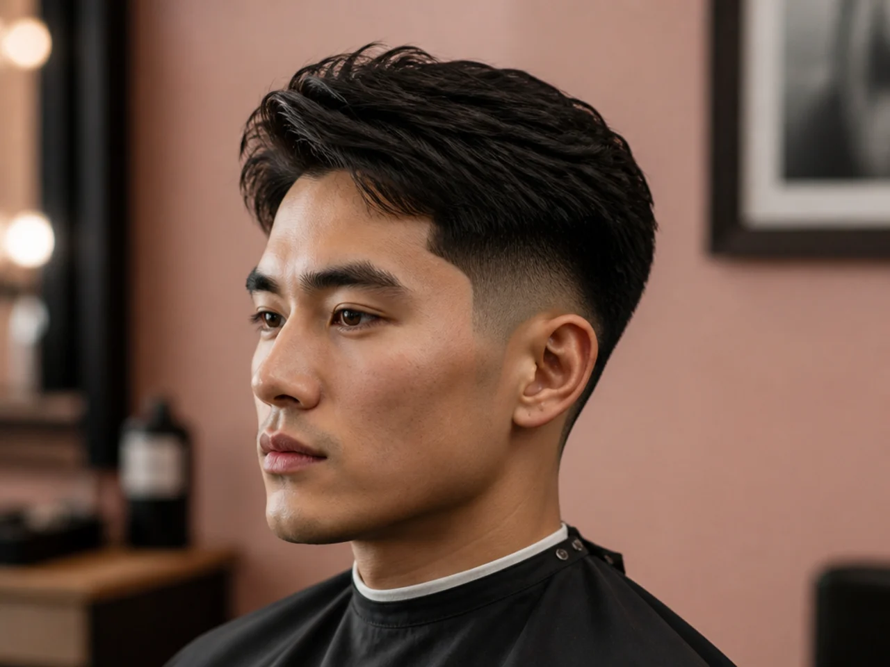 Three interlocking triangles shaved above the ear on a blowout taper on an industrial designer with straight brown hair