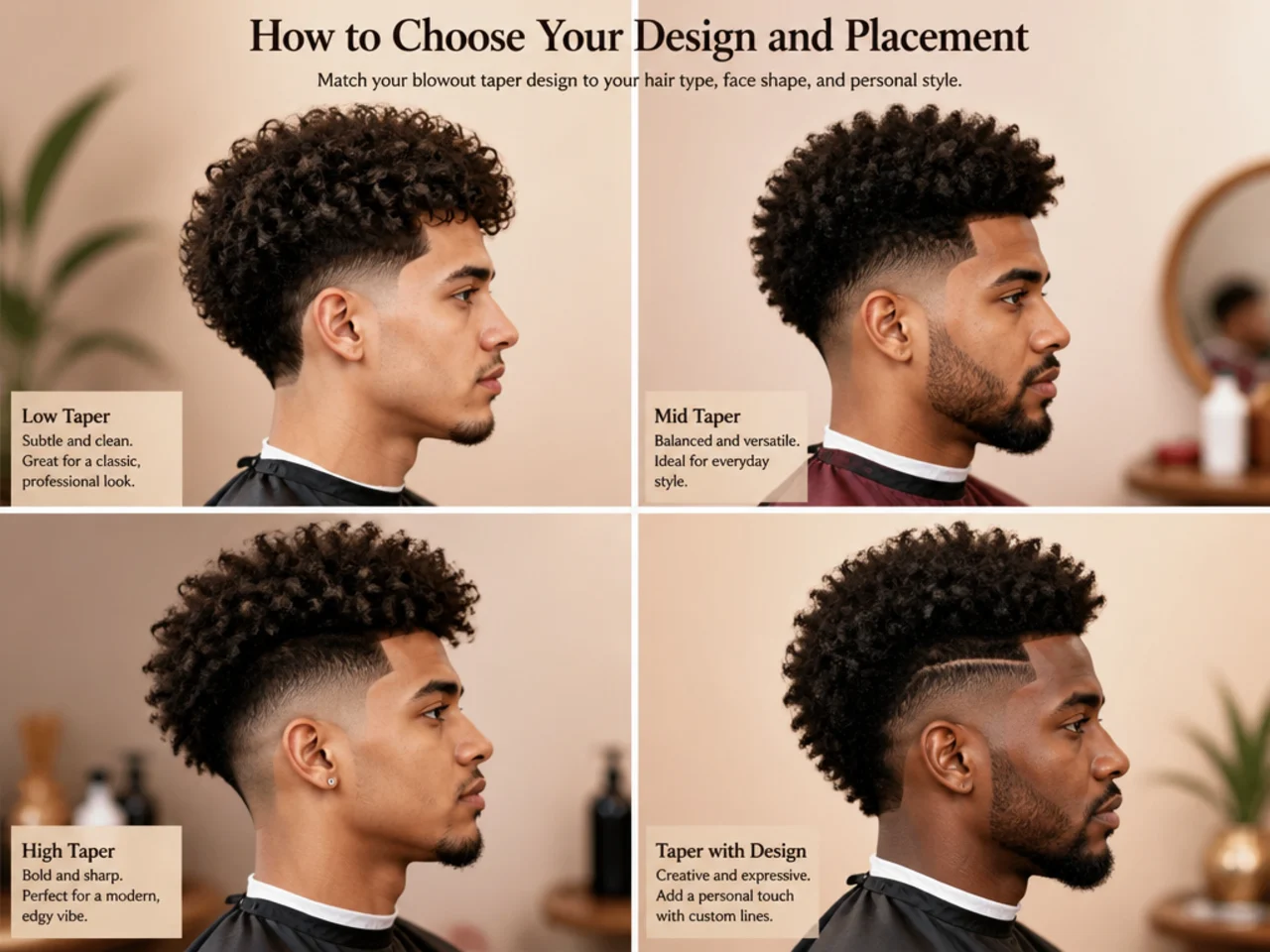 Three blowout taper designs shown side by side — hard part through the crown, chevron at temple, script initial at nape