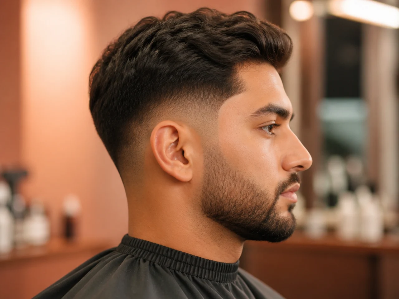 Barber and client reviewing three reference photos on a phone in a modern barbershop chair