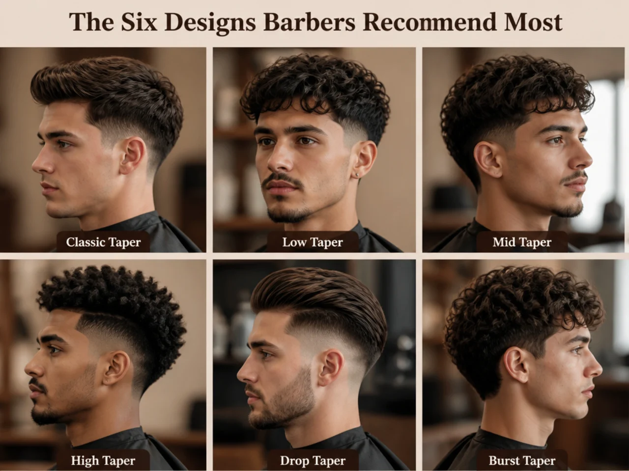 Grid of six blowout taper designs — hard part, chevron, script initial, star, etched waves, geometric
