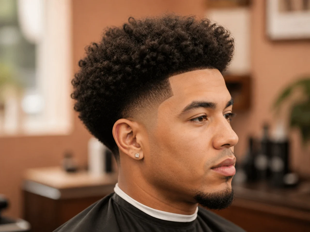 Close side profile of a blowout taper with a shaved chevron etched above the sideburn under a round-brushed top