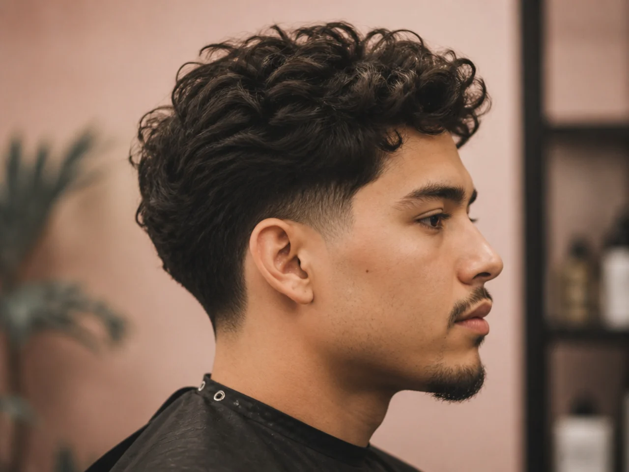 Barber and client discussing a blowout taper design reference on a tablet in a modern barbershop