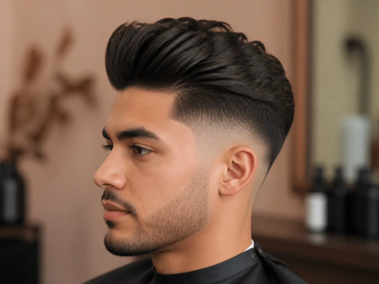 Mid skin fade blowout with a clean temple transition and a full top