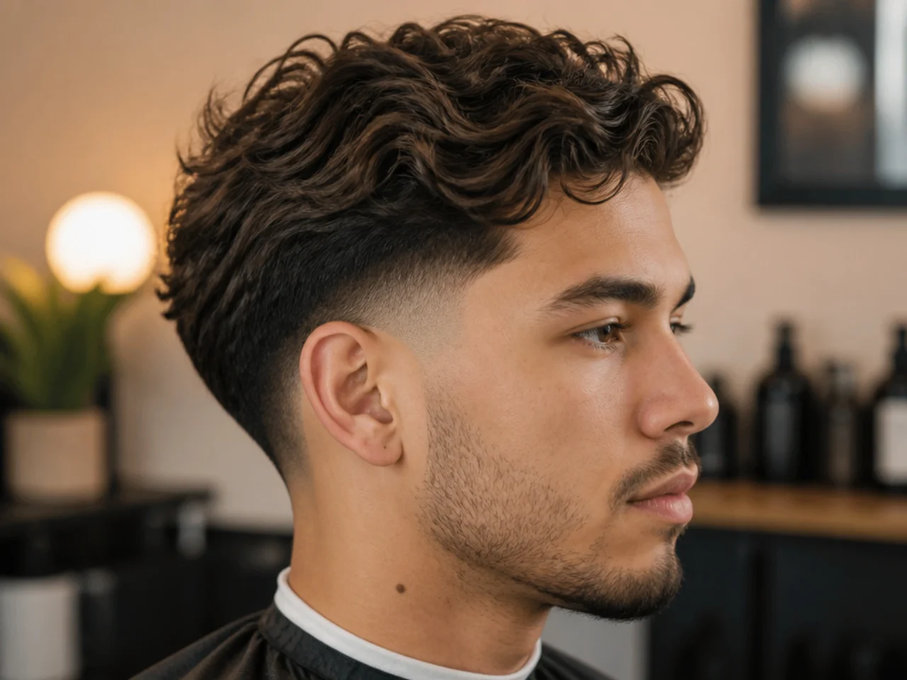 Mid drop fade blowout on wavy hair with the fade curving behind the ear