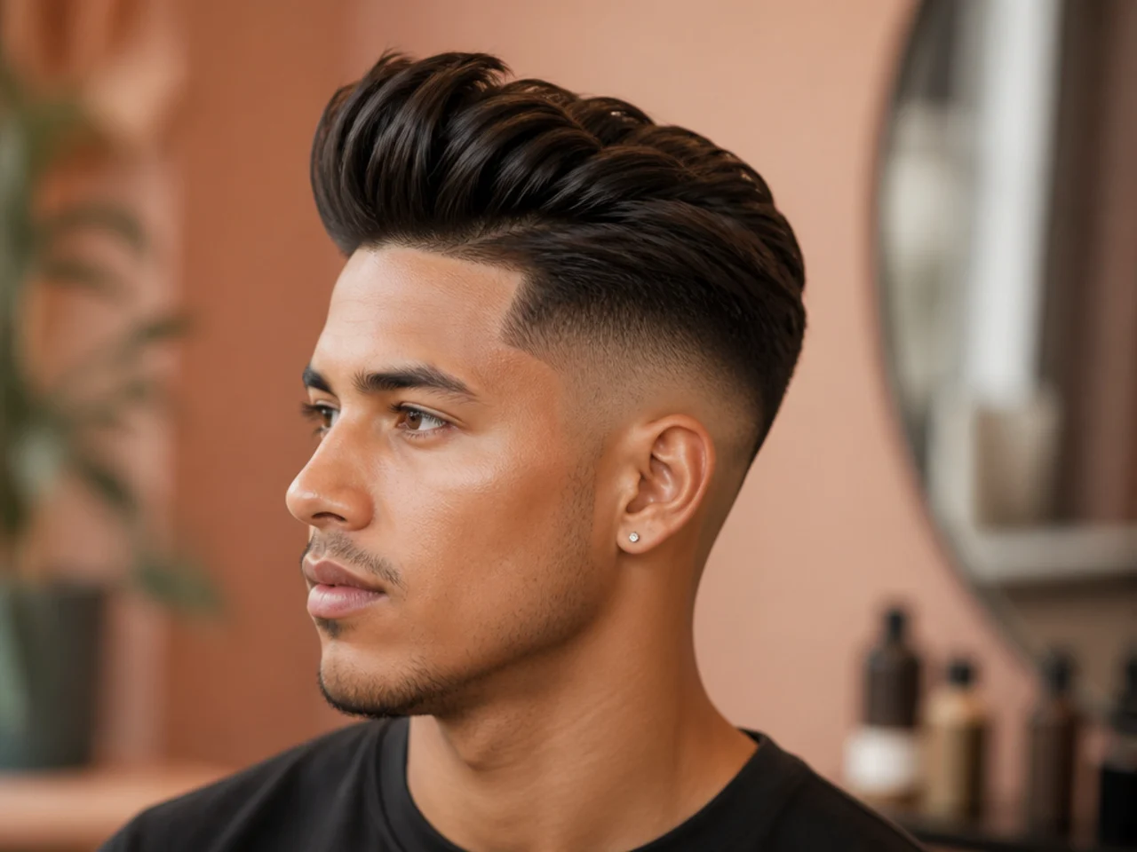 Mid fade blowout with an angled quiff front lifted at the hairline