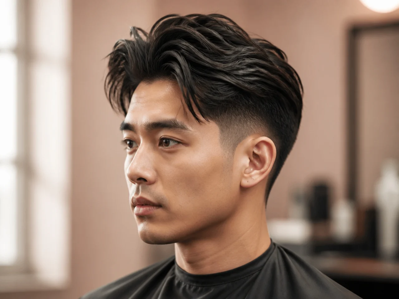 Mid fade blowout on coarse straight Asian hair styled with front lift