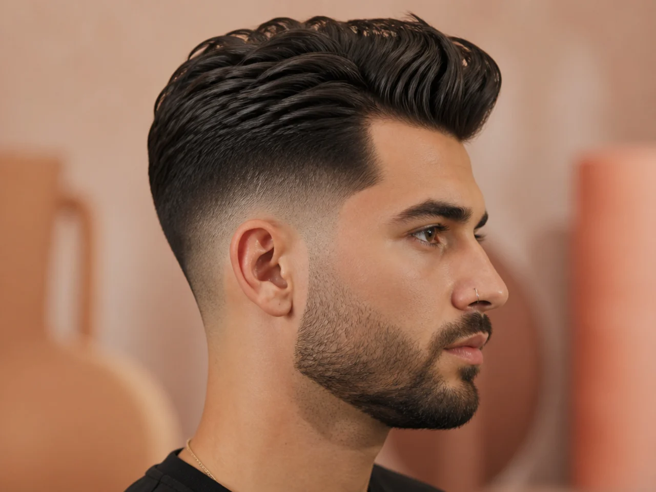 Mid fade blowout with a peaked pointed front rising at the hairline