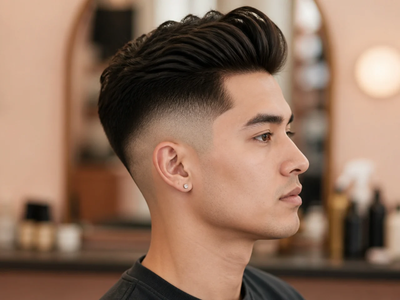 High drop fade blowout with a dramatic arc curving behind the ear