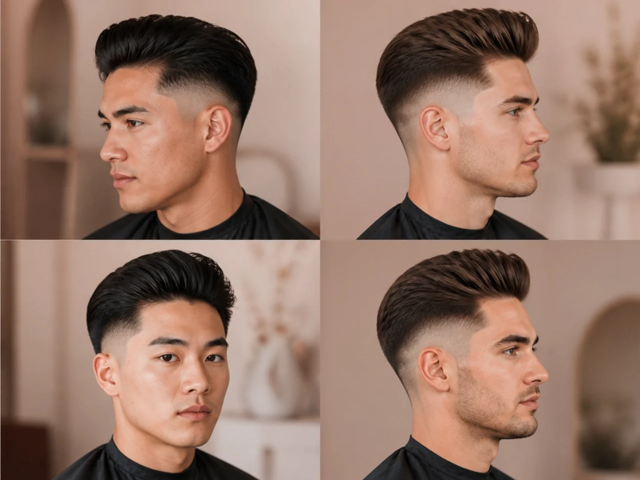 Low skin fade blowout on straight dark hair with a clean temple line