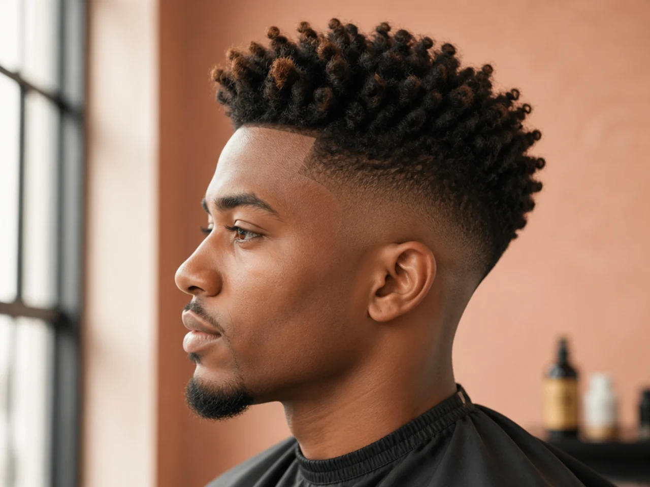 High fade blowout with a sponge-twisted coily top for defined curl pattern