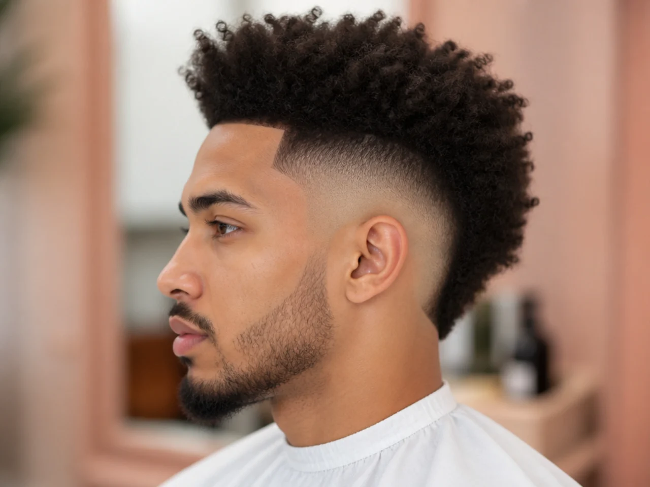 High fade burst blowout with the fade curving around the ear in a burst shape