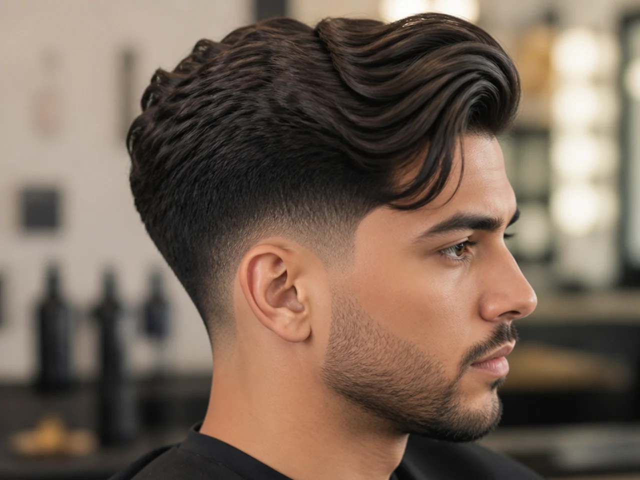 Blowout taper fade with the front swept sideways over the temple
