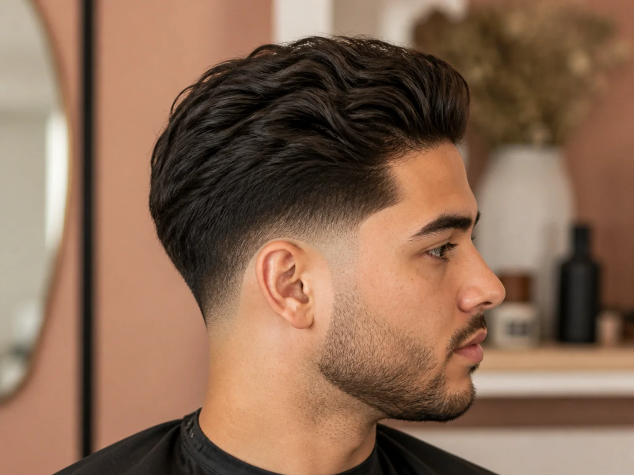 Low drop fade blowout with a curved fade line arcing behind the ear