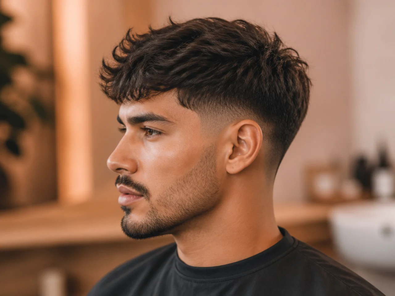 Low fade blowout with a chopped textured fringe pushed forward