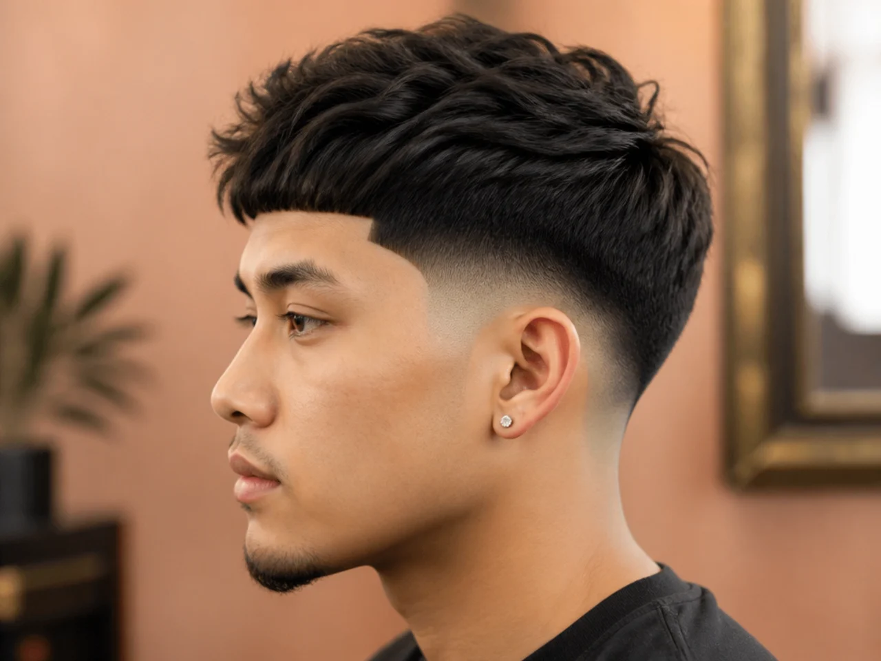 Low fade blowout with a blunt straight-across Edgar fringe