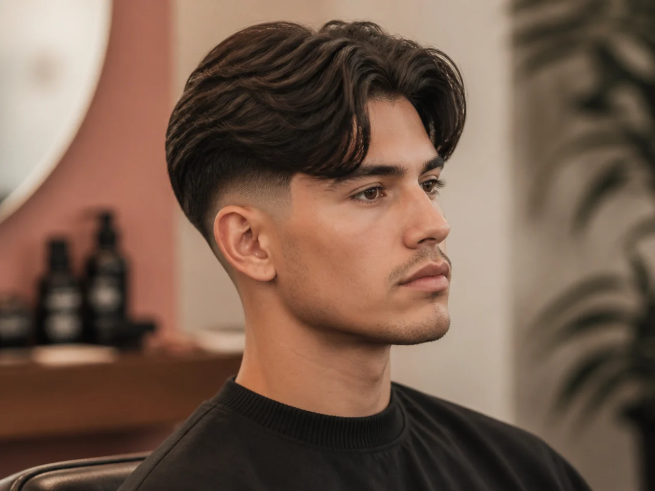 Low fade blowout with a soft middle part parting hair to both sides