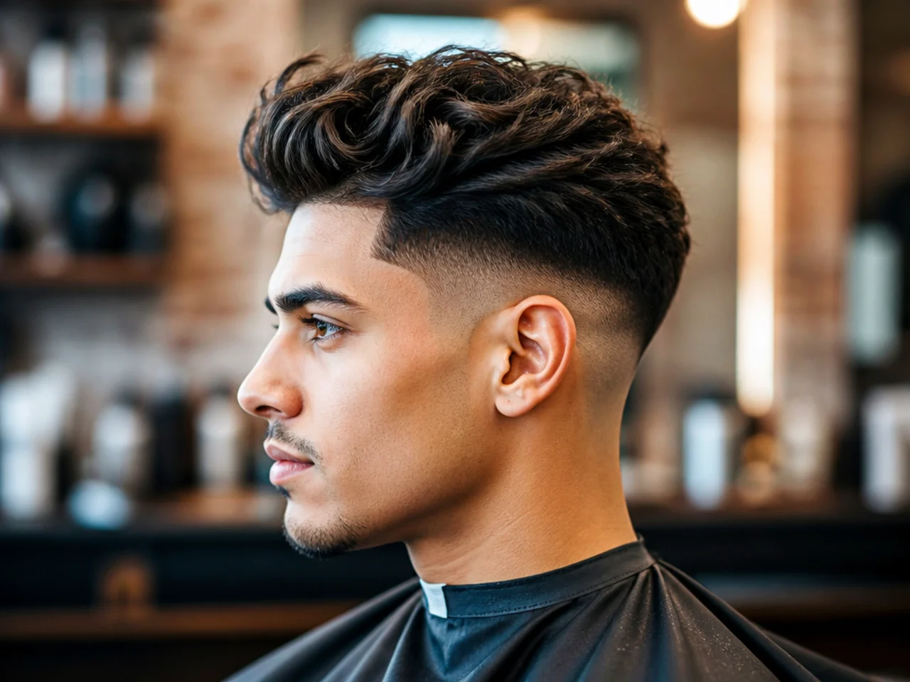 Barber and client discussing fade height and top length before a blowout taper fade