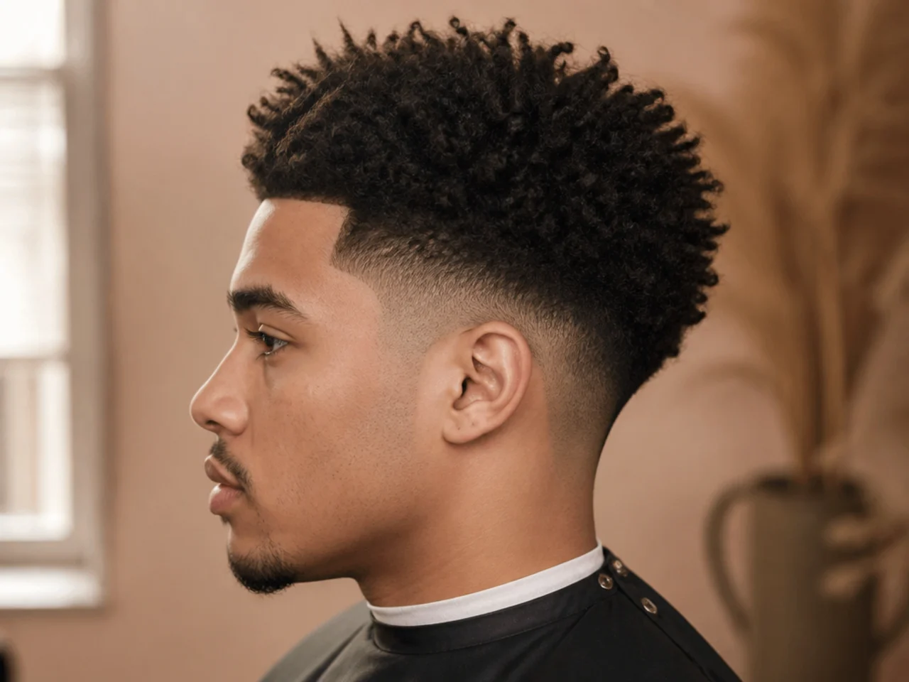 Man blow-drying a blowout taper fade with a round brush at home