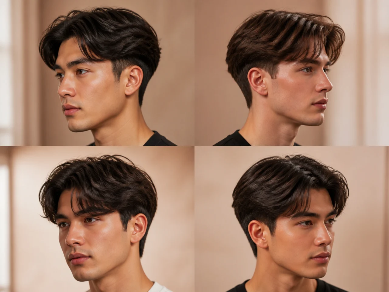 Classic mid blowout taper fringe with three inches on top styled forward on straight brown hair